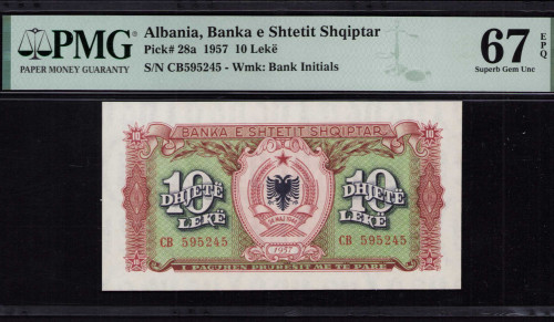Albania 10 Leke 1957 P28a PMG67 EPQ Albania 10 Leke 1957 P28a PMG67 EPQ