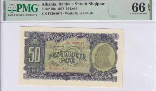 Albania 50 Leke 1957 P29a PMG66 EPQ Albania 50 Leke 1957 P29a PMG66 EPQ