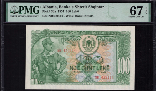 Albania 100 Leke 1957 P30a PMG67 EPQ Albania 100 Leke 1957 P30a PMG67 EPQ