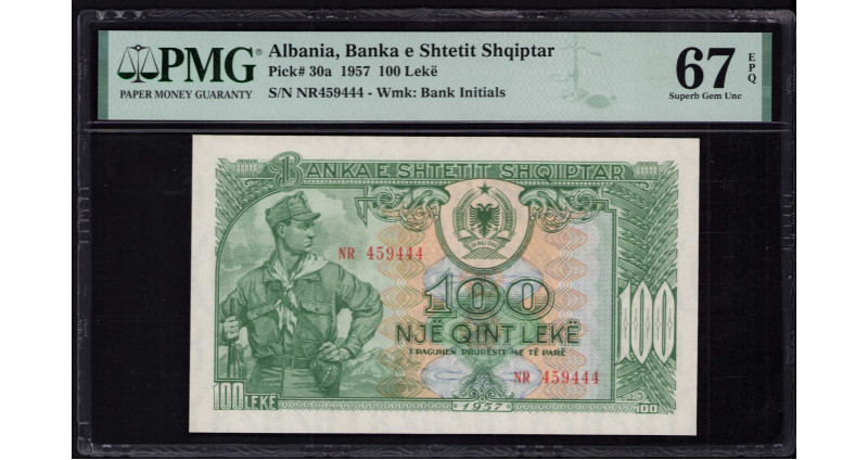 Albania 100 Leke 1957 P30a PMG67 EPQ Albania 100 Leke 1957 P30a PMG67 EPQ