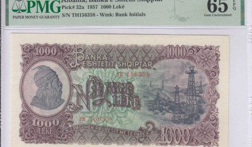 Albania 1000 Leke 1957 P32a PMG65 EPQ Albania 1000 Leke 1957 P32a PMG65 EPQ