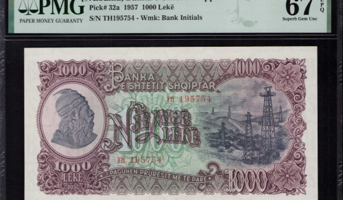Albania 1000 Leke 1957 P32a PMG67 EPQ Albania 1000 Leke 1957 P32a PMG67 EPQ