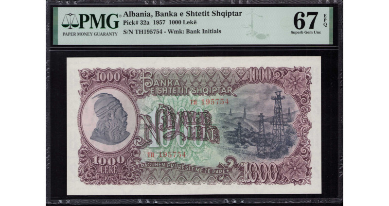 Albania 1000 Leke 1957 P32a PMG67 EPQ Albania 1000 Leke 1957 P32a PMG67 EPQ