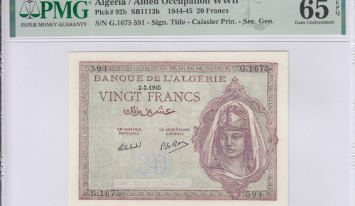 Algeria 20 Francs 2.2.1945 P92b PMG65 EPQ