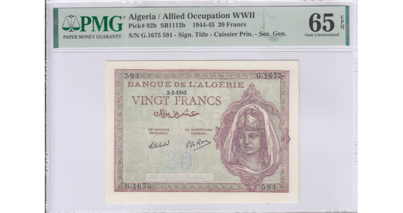 Algeria 20 Francs 2.2.1945 P92b PMG65 EPQ Algeria 20 Francs 2.2.1945 P92b PMG65 EPQ