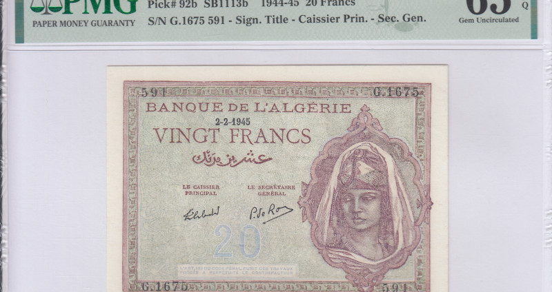 Algeria 20 Francs 2.2.1945 P92b PMG65 EPQ Algeria 20 Francs 2.2.1945 P92b PMG65 EPQ