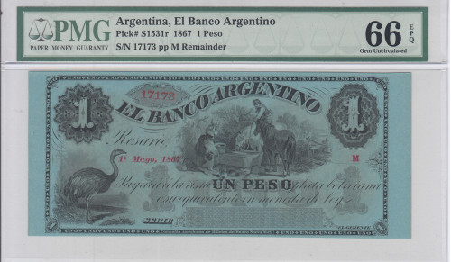 Argentina, El Banco Argentino 1 Peso 1867 PS1531r PMG66 EPQ