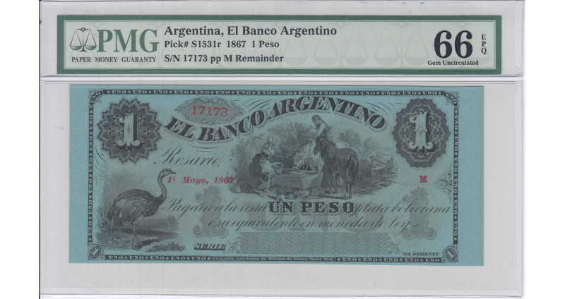 Argentina, El Banco Argentino 1 Peso 1867 PS1531r PMG66 EPQ Argentina, El Banco Argentino 1 Peso 1867 PS1531r PMG66 EPQ
