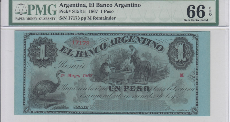 Argentina, El Banco Argentino 1 Peso 1867 PS1531r PMG66 EPQ