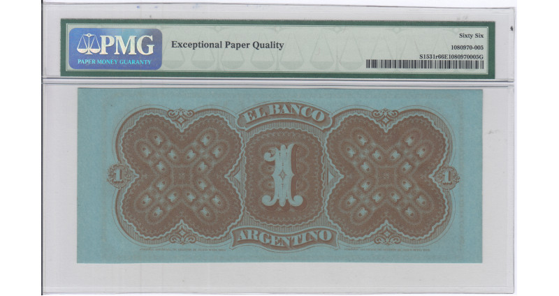 Argentina, El Banco Argentino 1 Peso 1867 PS1531r PMG66 EPQ Argentina, El Banco Argentino 1 Peso 1867 PS1531r PMG66 EPQ