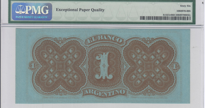 Argentina, El Banco Argentino 1 Peso 1867 PS1531r PMG66 EPQ Argentina, El Banco Argentino 1 Peso 1867 PS1531r PMG66 EPQ