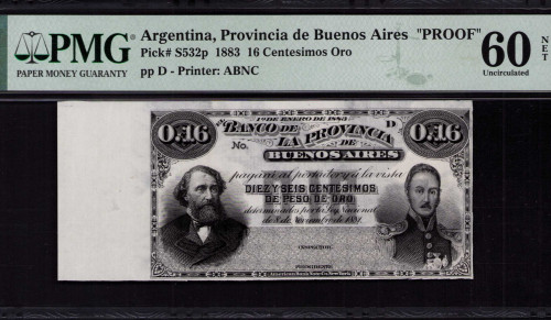 Argentina, Provincia de Buenos Aires 16 Centesimos Oro 1883 PS532p PMG60 NET