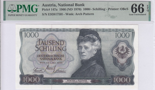 Austria 1000/- Schilling 1966 (ND1970) P147a PMG66 EPQ