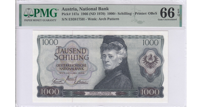 Austria 1000/- Schilling 1966 (ND1970) P147a PMG66 EPQ Austria 1000/- Schilling 1966 (ND1970) P147a PMG66 EPQ