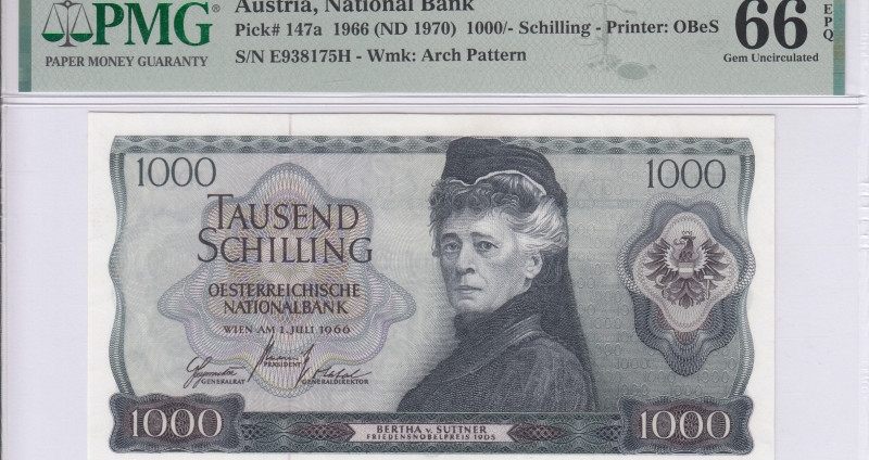 Austria 1000/- Schilling 1966 (ND1970) P147a PMG66 EPQ