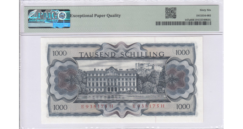 Austria 1000/- Schilling 1966 (ND1970) P147a PMG66 EPQ Austria 1000/- Schilling 1966 (ND1970) P147a PMG66 EPQ