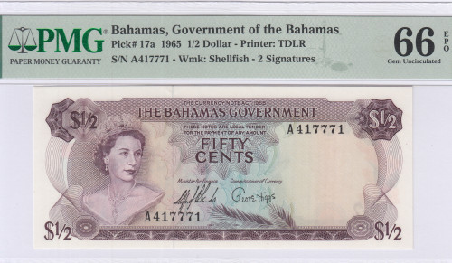 Bahamas 1/2 Dollar 1965 P17a PMG66 EPQ