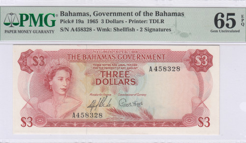 Bahamas 3 Dollars 1965 P19a PMG65 EPQ