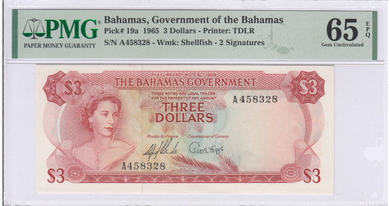 Bahamas 3 Dollars 1965 P19a PMG65 EPQ