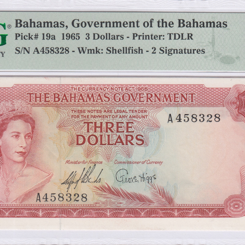 Bahamas 3 Dollars 1965 P19a PM65 EPQ Bahamas 3 Dollars 1965 P19a PM65 EPQ