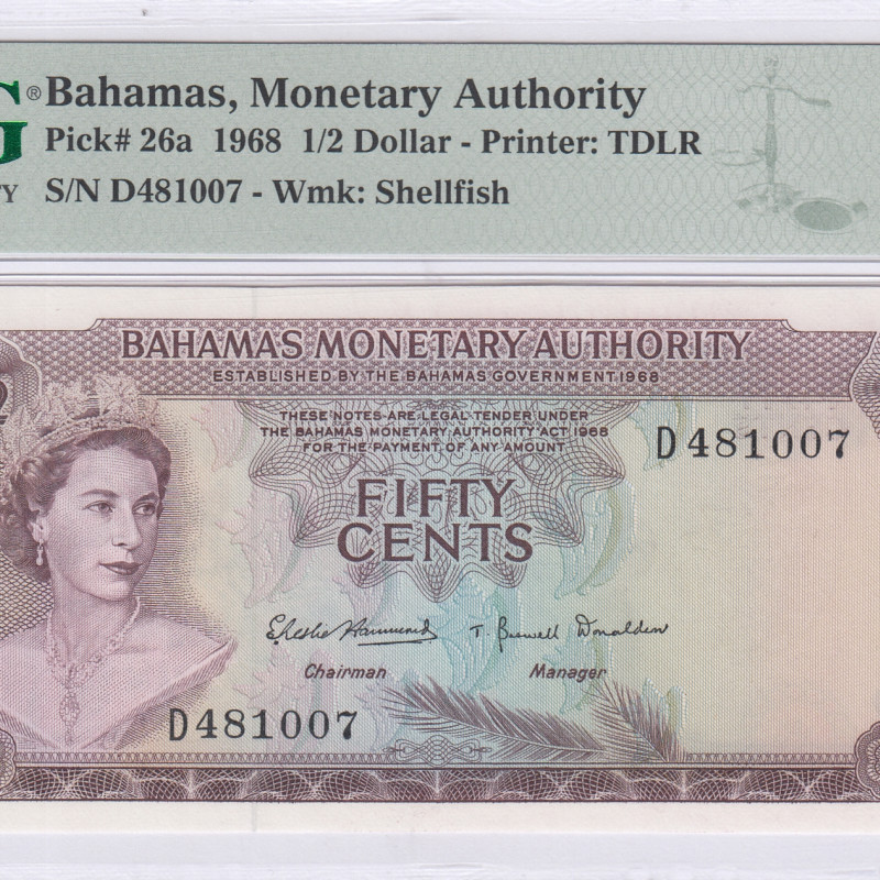 Bahamas 1/2 Dollar 1968 P26a PMG66 EPQ Bahamas 1/2 Dollar 1968 P26a PMG66 EPQ