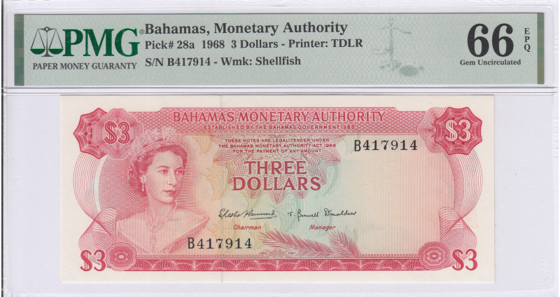 Bahamas 3 Dollars 1968 P28a PMG66 EPQ