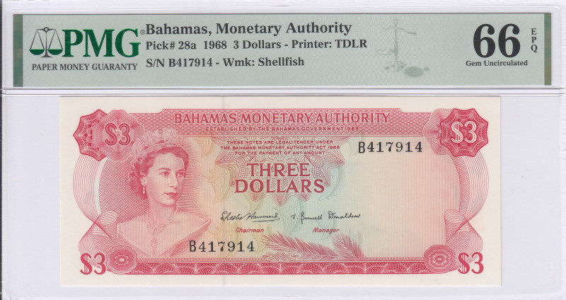 Bahamas 3 Dollars 1968 P28a PMG66 EPQ