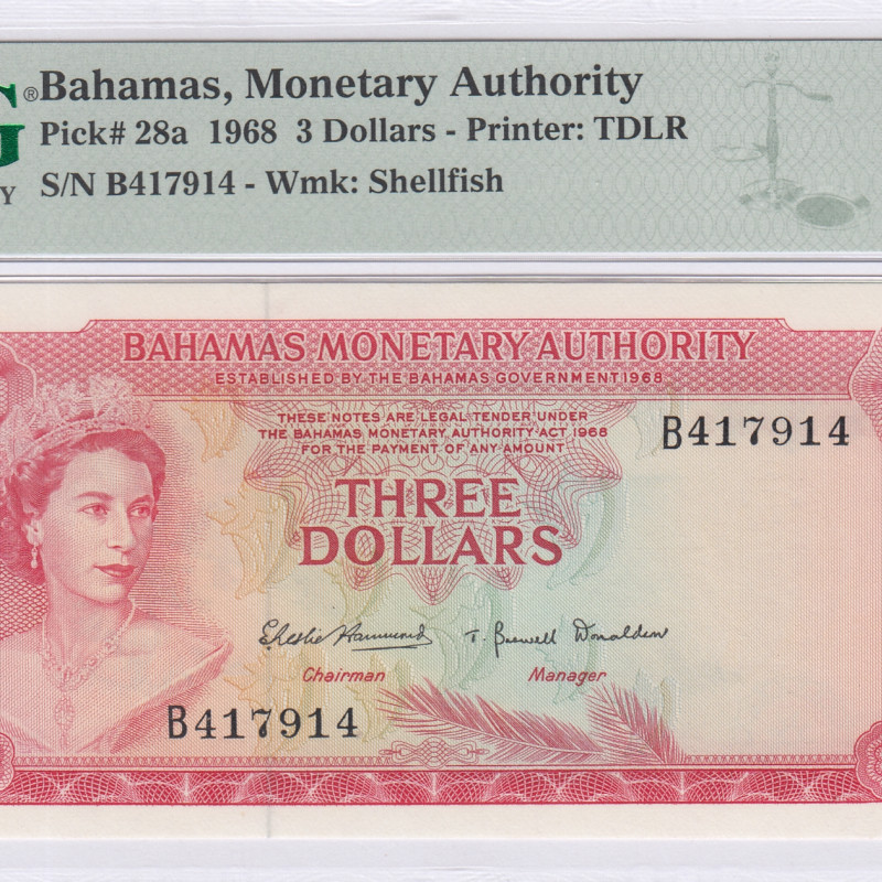 Bahamas 3 Dollars 1968 P28a PMG66 EPQ Bahamas 3 Dollars 1968 P28a PMG66 EPQ