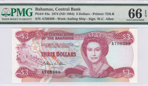 Bahamas 3 Dollars 1974 (ND1984) P44a PMG66 EPQ