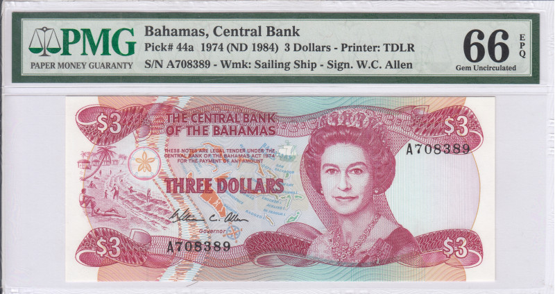 Bahamas 3 Dollars 1974 (ND1984) P44a PMG66 EPQ