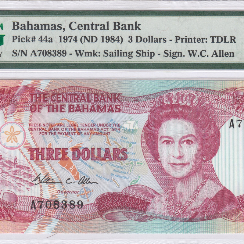Bahamas 3 Dollars 1974 (ND1984) P44a PMG66 EPQ Bahamas 3 Dollars 1974 (ND1984) P44a PMG66 EPQ