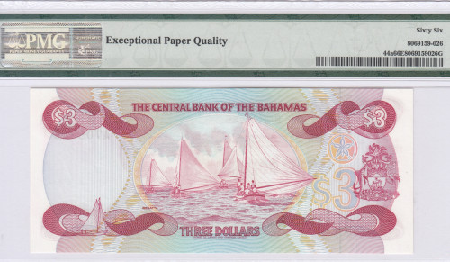 Bahamas 3 Dollars 1974 (ND1984) P44a PMG66 EPQ
