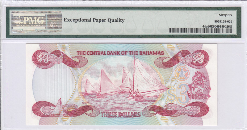 Bahamas 3 Dollars 1974 (ND1984) P44a PMG66 EPQ Bahamas 3 Dollars 1974 (ND1984) P44a PMG66 EPQ