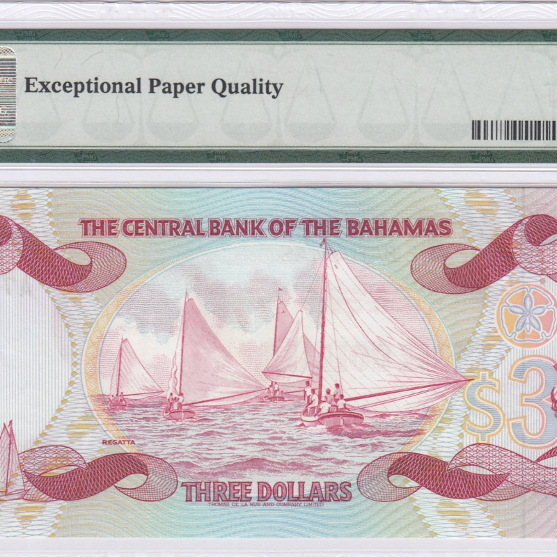 Bahamas 3 Dollars 1974 (ND1984) P44a PMG66 EPQ Bahamas 3 Dollars 1974 (ND1984) P44a PMG66 EPQ
