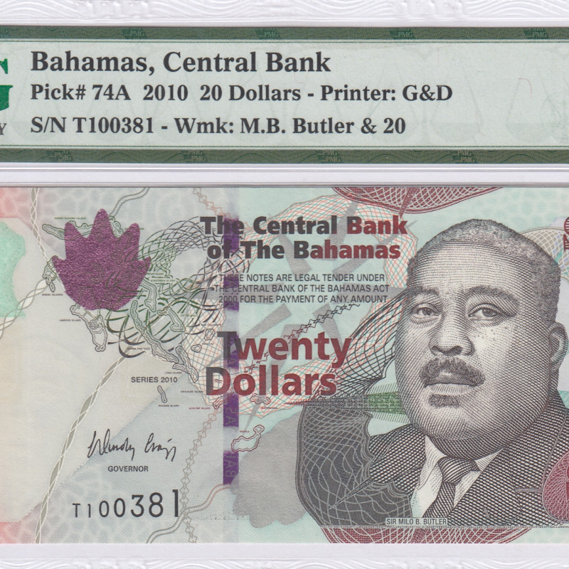 Bahamas 20 Dollars 2010 P74A PMG66 EPQ Bahamas 20 Dollars 2010 P74A PMG66 EPQ