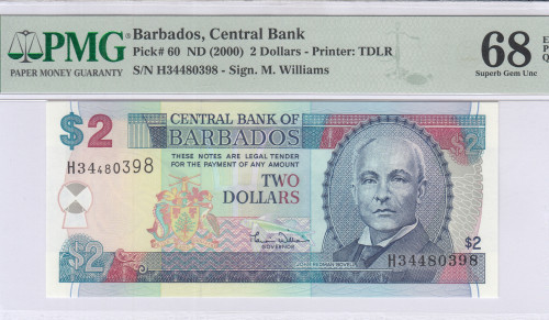 Barbados 2 Dollars 2000 P60 PMG68 EPQ