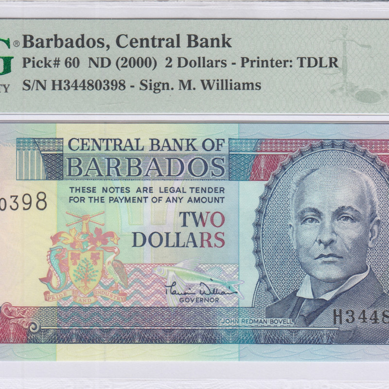 Barbados 2 Dollars 2000 P60 PMG68 EPQ Barbados 2 Dollars 2000 P60 PMG68 EPQ