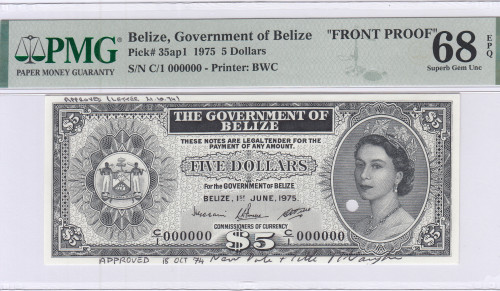 Belize 5 Dollars 1975 P35ap1 PMG68 EPQ