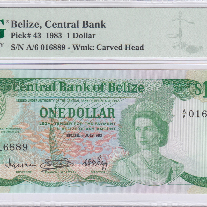 Belize 1 Dollar 1.7.1983 P43 PMG66 EPQ Belize 1 Dollar 1.7.1983 P43 PMG66 EPQ