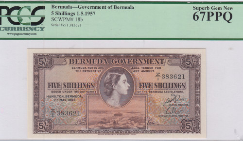 Bermuda 5 Shillings 1957 P18b PCGS67 PPQ