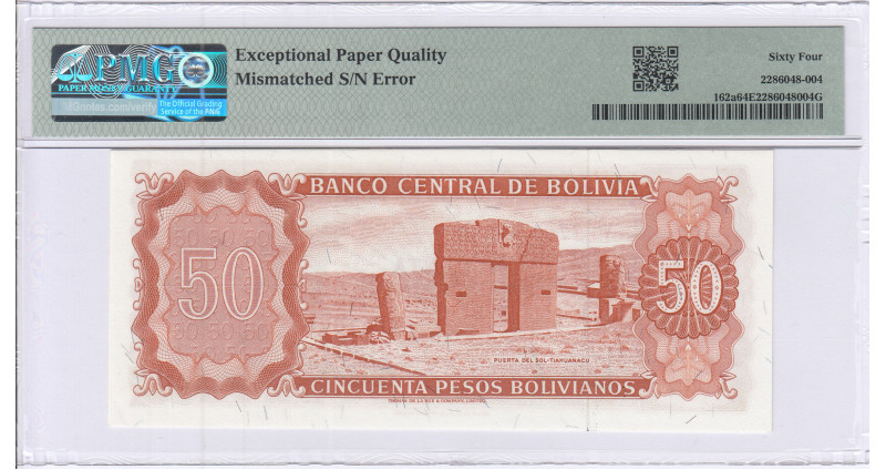 Bolivia 50 Bolivianos 13.7.1962 P162a PMG64 EPQ Bolivia 50 Bolivianos 13.7.1962 P162a PMG64 EPQ