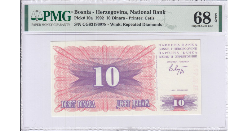 Bosnia-Herzegovina  10 Dinara 1.7.1992 P10a PMG68 EPQ