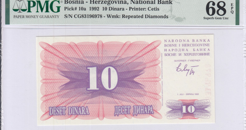 Bosnia-Herzegovina  10 Dinara 1.7.1992 P10a PMG68 EPQ