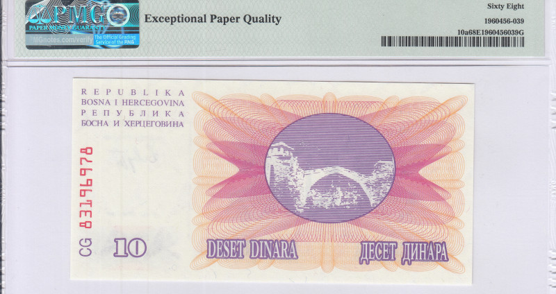 Bosnia-Herzegovina 10 Dinara 1.7.1992 P10a PMG68 EPQ Bosnia-Herzegovina 10 Dinara 1.7.1992 P10a PMG68 EPQ