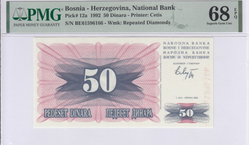 Bosnia-Herzegovina  50 Dinara 1.7.1992 P12a PMG68 EPQ Bosnia-Herzegovina  50 Dinara 1.7.1992 P12a PMG68 EPQ