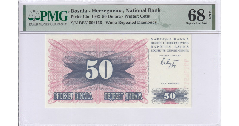 Bosnia-Herzegovina  50 Dinara 1.7.1992 P12a PMG68 EPQ