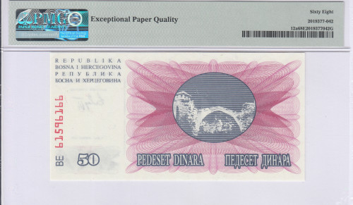 Bosnia-Herzegovina  50 Dinara 1.7.1992 P12a PMG68 EPQ Bosnia-Herzegovina  50 Dinara 1.7.1992 P12a PMG68 EPQ