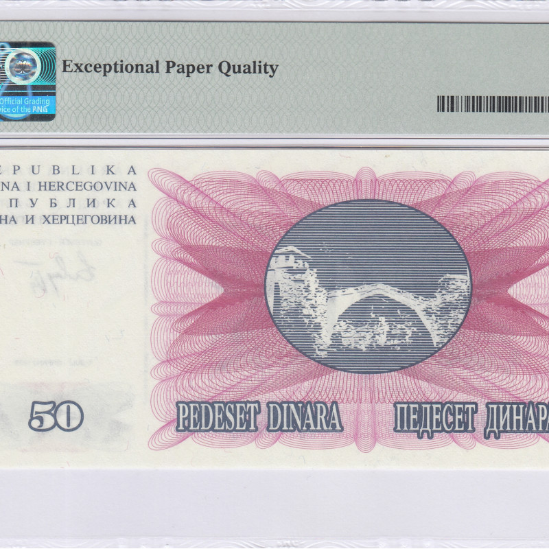 Bosnia-Herzegovina 50 Dinara 1.7.1992 P12a PMG68 EPQ Bosnia-Herzegovina 50 Dinara 1.7.1992 P12a PMG68 EPQ