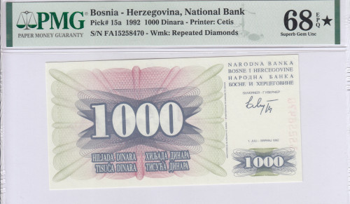 Bosnia-Herzegovina 1000 Dinara 1.7.1992 P15a PMG68* EPQ Bosnia-Herzegovina 1000 Dinara 1.7.1992 P15a PMG68* EPQ