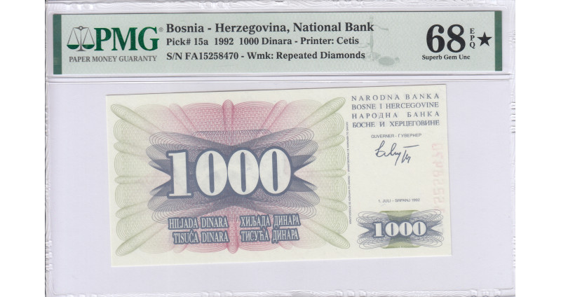 Bosnia-Herzegovina 1000 Dinara 1.7.1992 P15a PMG68* EPQ